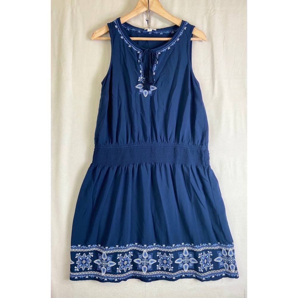 J. Jill Navy Blue Embroidered Sleeveless Smocked Waist Dress M Petite